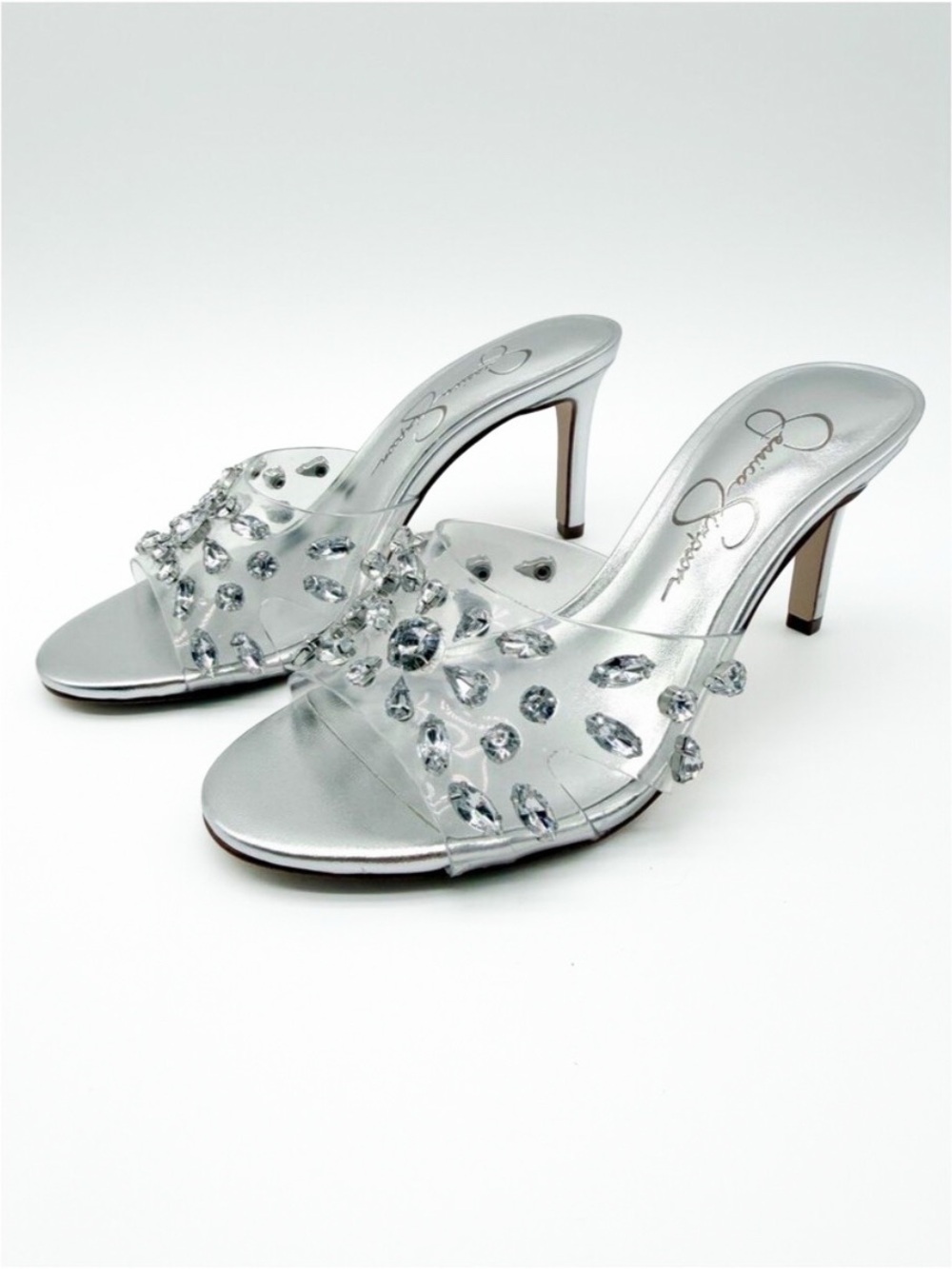 Jessica Simpson Primana Crystal Clear Stiletto Slide Mule Sandals Silver 5 NEW
